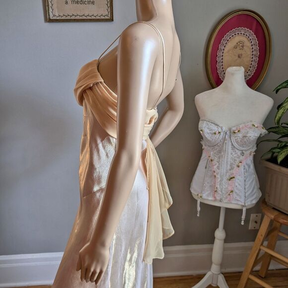 NWT Vintage 90s Let's Fashion Prom Gown Greek Goddess Cowl Gold Chiffon Size L - Picture 11 of 15